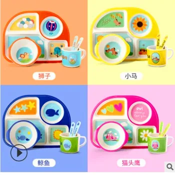 

Bamboo fiber children's tableware set eating home baby dinner plate baby compartment cartoon rice bowl separated shatter-resista
