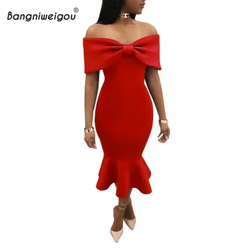 

Bangniweigou Elegant Tube Sheath Dress Off Shoulder Bowtie Fishtail Night Party Evening Tight Club Wear Women Bandage Dress Red