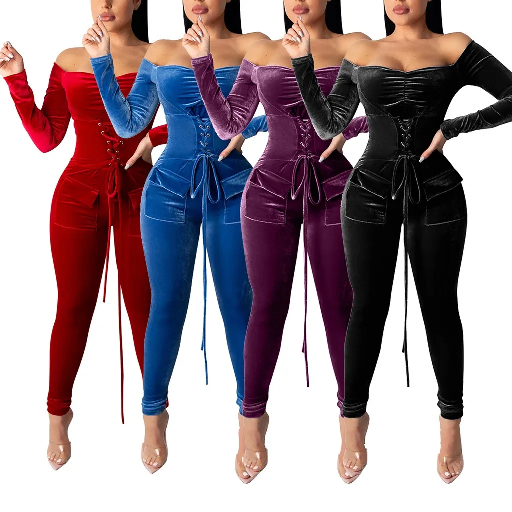 

Off Shoulder High Waist Jumpsuit Women Fashion Slim Solid Print Collar Eyelet Corset Long Sleeve High Waist Jumpsuit Set 4 color