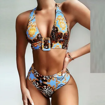 

Fashion Sexy Women Printed Underwear Push-Up Pad Biquini Front Closure Halter Brazillian Female Intimates Deep-V Neck Lengerie