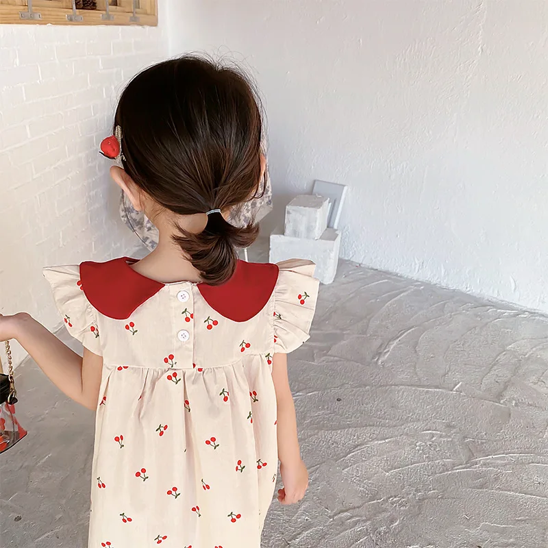 Cherry Print Girls Dress Toddler Kid Baby Clothes Ruffles Sleeveless Cotton Dresses Elegant Cute Sweet Sundress Outfit 1-7T girls dress
