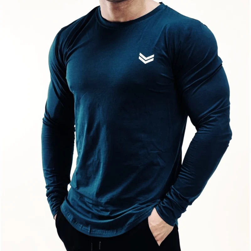 Мужская футболка для бодибилдинга с длинным рукавом Повседневная модная тонкая футболка с принтом Мужские тренажерные залы топы для фитнес-тренировки Спортивная одежда для бега - Цвет: color3