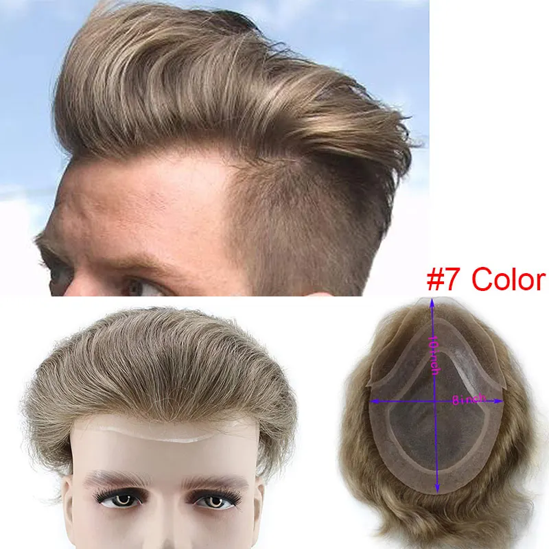 Человеческие волосы, мужские парики, парик, французское кружево, заменяет мужчин, Т для мужчин, парик, тонкая кожа, европейские волосы remy, 613 блонд, цвет 1" x8", Eseewigs - Парик Цвет: 7#