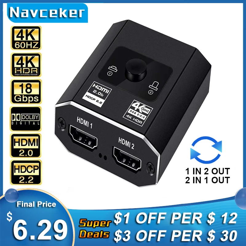 Navceker Hdmi Splitter 4K Switch Hdmi Per Ps5 Adattatore Bidirezionale 1X 2/2X1 Switcher Hdmi 2 In 1 Out Per Ps4 Tv Box Switch Hdmi