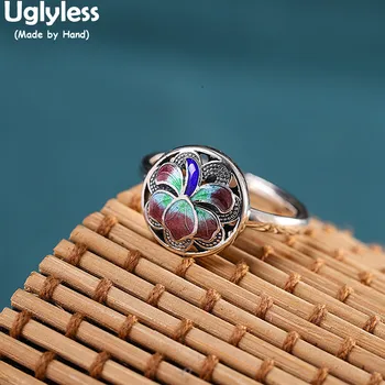 

Uglyless Enamel Blooming Lotus Rings for Women Ethnic Retro Dress Jewelry Real 925 Sterling Silver Open Rings China Chic Bijoux