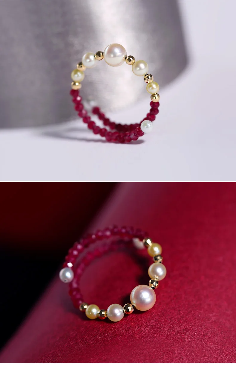 DMRFP105 2-5 мм морской жемчуг akoya эластичное кольцо подлинное женское 18 К золото/рубин