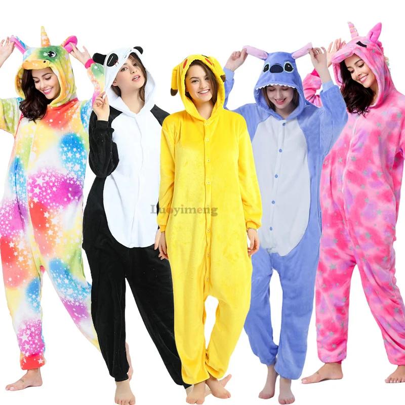 

Adults Pikachu Panda Pajamas Unicorn Onesies Women Sleepwear Stitch Nightwear Overalls Winter Animal Kigurumi Cosplay Pyjamas
