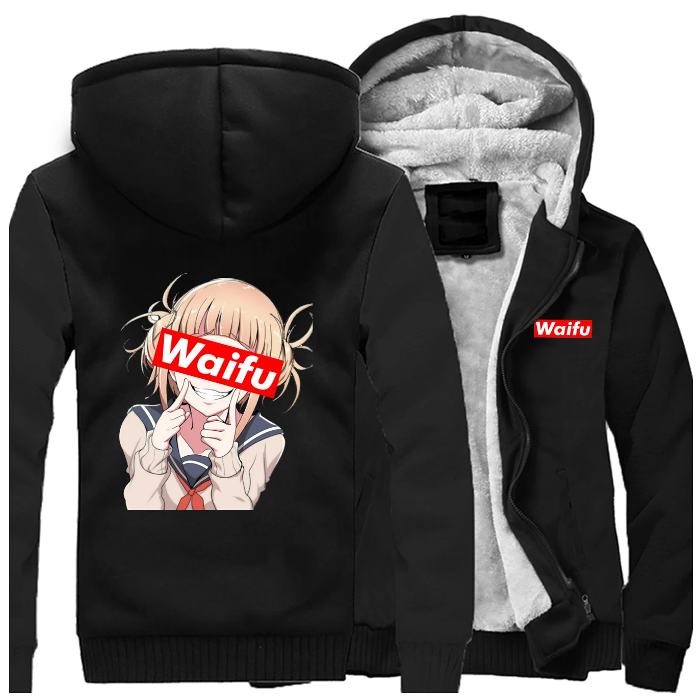 Mans Japan Anime Waifu Print Jacket Hoodie Hip Hop Keep Warm Winter Fleece Hooded Fashion Male Casual Streetwear Sweatshirt
