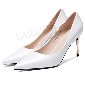 

LAIGZEM Top LEATHER Metal Heels Pumps 8CM Stiletto Heels Anti Slippery Ladies Basic Dress 4 Seasons Shoes Woman Size 33 39