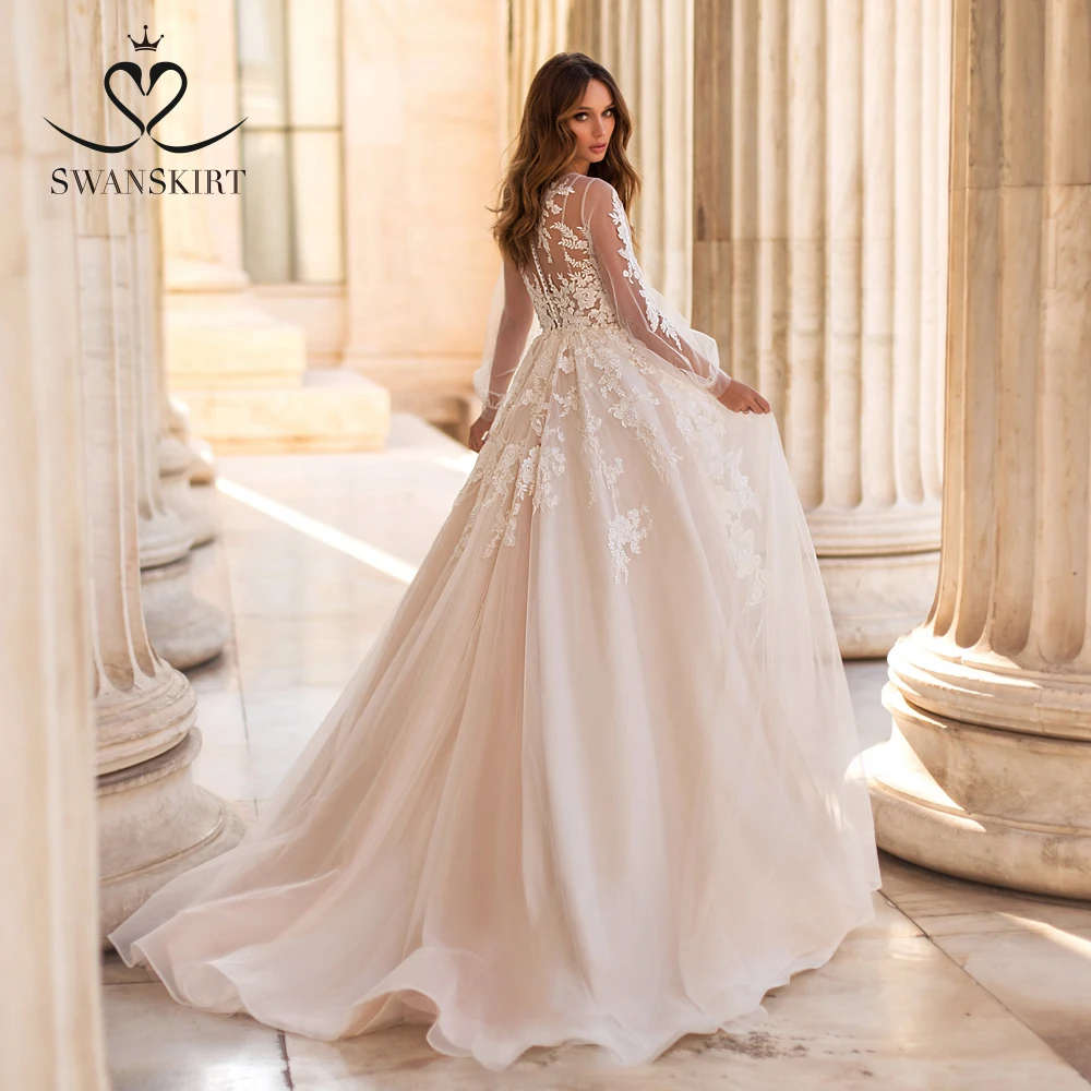 Гламурные Цветы свадебное платье Swanskirt o-образным вырезом с длинным рукавом трапециевидной формы Аппликации суд поезд свадебное платье Vestido de noiva UZ32