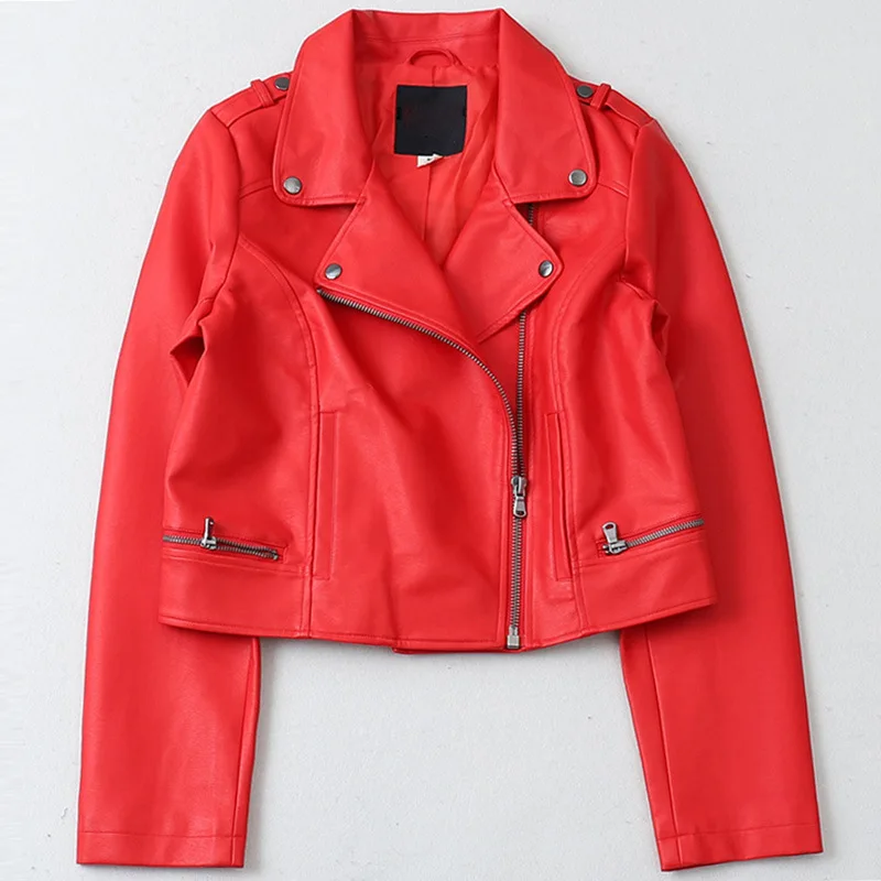 

Y3431 Lettered Applique Dragon Embroidered Totem Pu Washing Jacket Reddish Black Two-color Biker Coat Women's