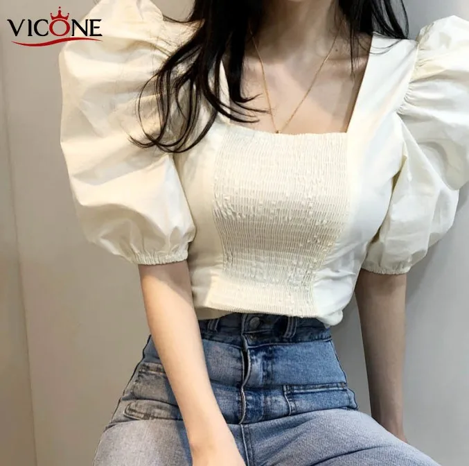 

VICONE square collar character hubble-bubble sleeve elastic fold short shirts with short Shirt