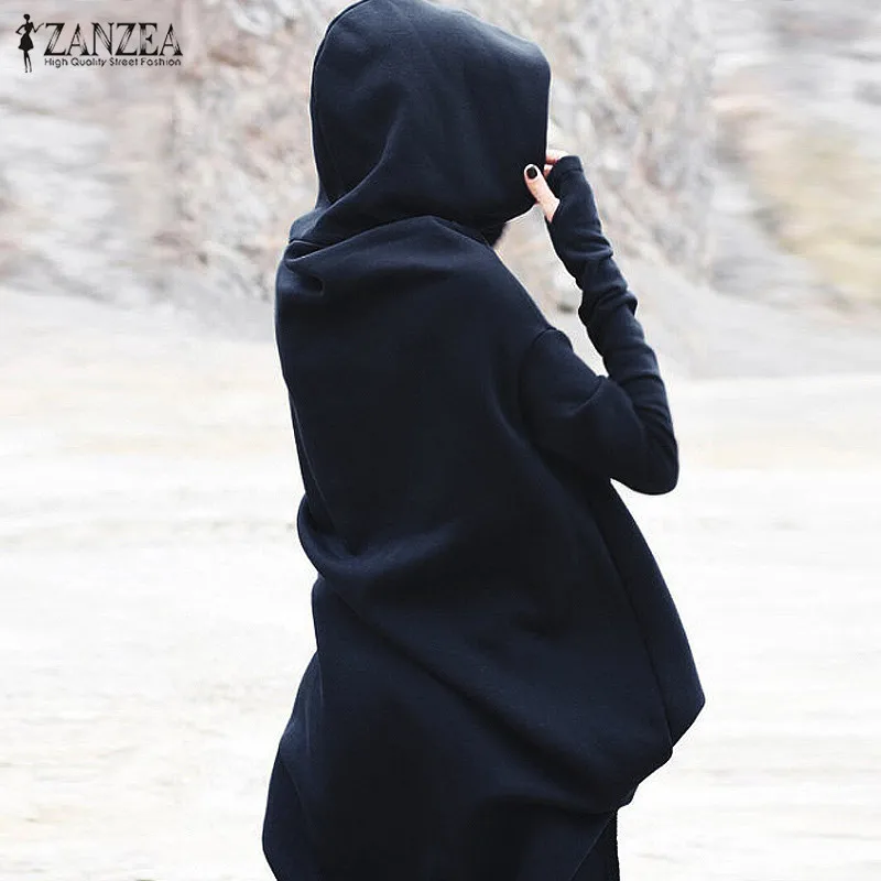 Женская Асимметричная Толстовка Платье ZANZEA осенние флисовые пуловеры миди Vestidos женские толстовки с капюшоном халат негабаритных 5XL