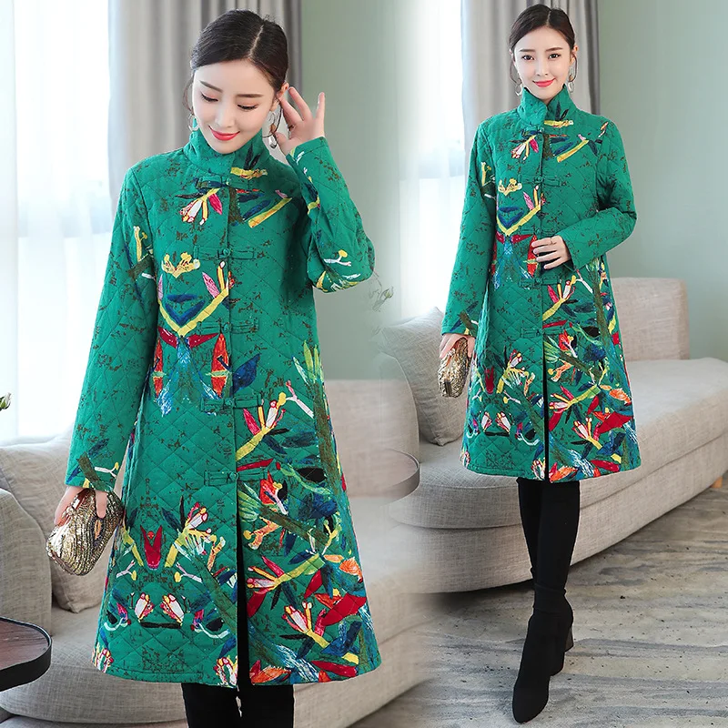 

2019 Winter New Style Ethnic-Style WOMEN'S Dress Cotton-padded Jacket Chinese Style Retro Printed Cotton Linen Thick Mid-length