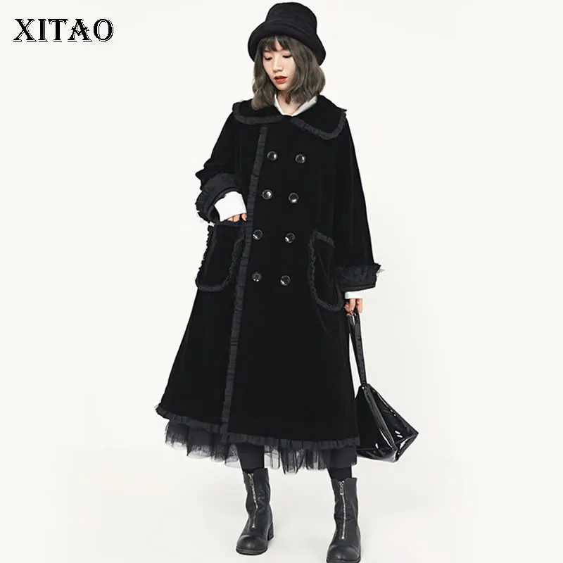 

XITAO Vintage Patchwork Pleated Black Trench Elegant and Extravagant Loose Turn Down Collar Double Breasted Trench Coat DMY1130
