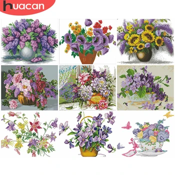 

HUACAN Cross Stitch Flowers Kits 11CT 14CT Embroidery Needlework Sets DIY Cross-Stitch Flower White Canvas Home Decoration