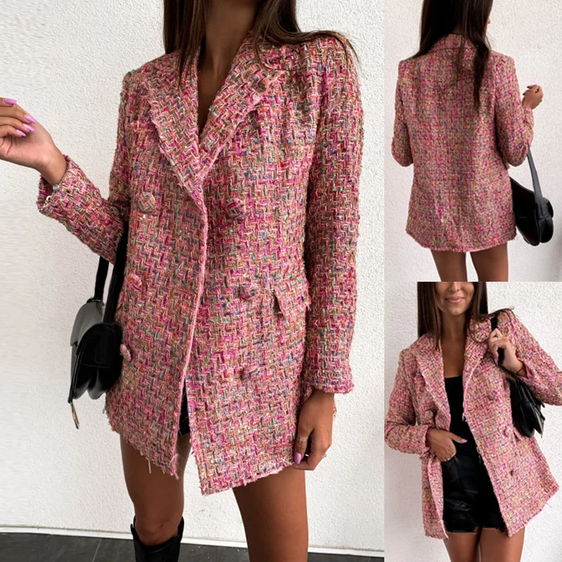 Women suit coat Casual Plaid Coat fashion elegant Jacket Long Sleeve Double-Breasted Outerwear retro office OL work business top