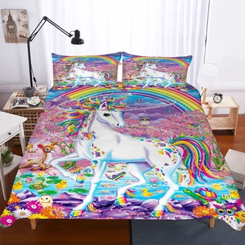 

BEST.WENSD Quality 2/3pc unicorn twin bedding set Digital Printing Lovely Rainbow unicorn bedclothes kids bed cartoon duvet set