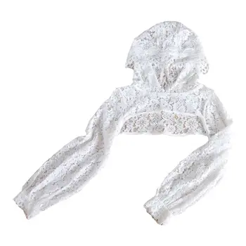 

Womens Eyelash Floral Lace Long Sleeve Crop Top Sunscreen Hooded False Collar Y5GC