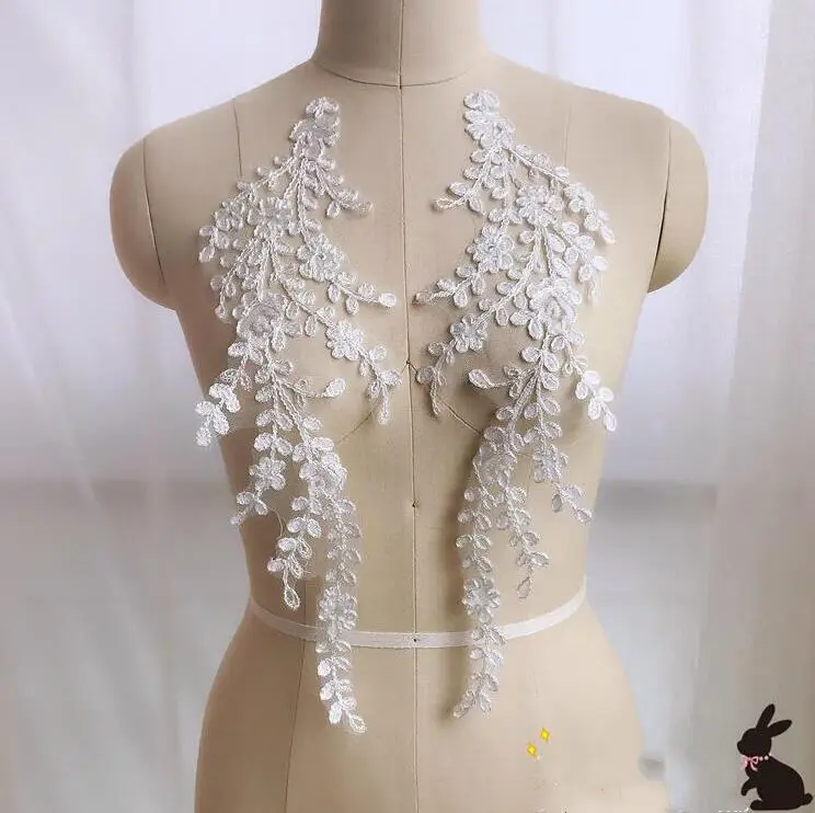 off white 2 шт/1 пара 39*12 см большой Дерево лист вышивка воротник кружева аппликация из белого золота украшение свадебного платья - Цвет: off white
