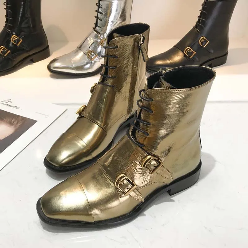 Г., золотистые кожаные ботильоны женская обувь на плоской подошве с квадратным носком и двойной пряжкой на шнуровке женские модные военные ботинки zapatos de mujer - Цвет: gold leather