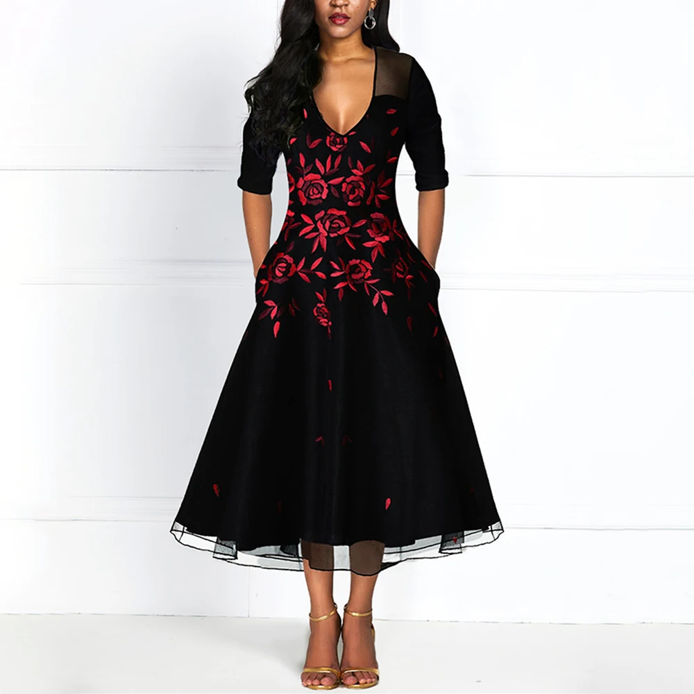 

Women Floral Print Sexy Party Dress Elegant Mesh See Through Deep V Black High Waist Large Size Summer Vintage Dresses Female