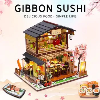 

DIY Dollhouse Wooden Kit 3D Assembled Sushi Shop Handmade House Mini Cabin For Christmas Birthday Valentine's Day Gift Madera