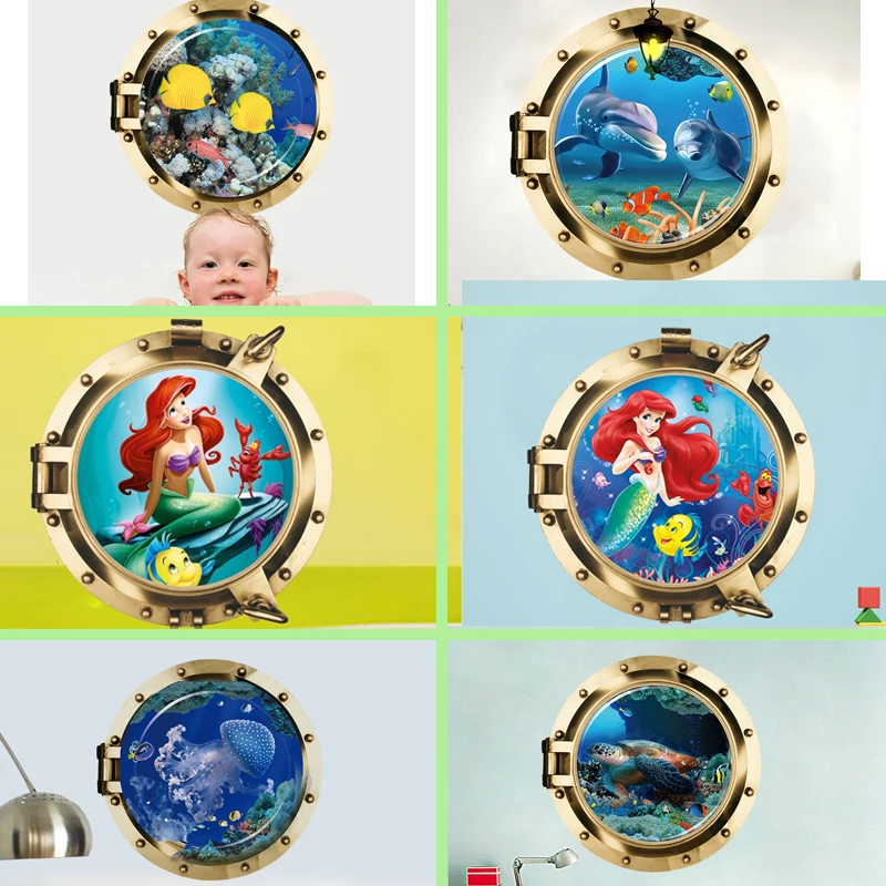 Underwater world submarine Mermaid Princess Wall Stickers For Kids  Room Decor Decals Self Adhesive Posters art mural