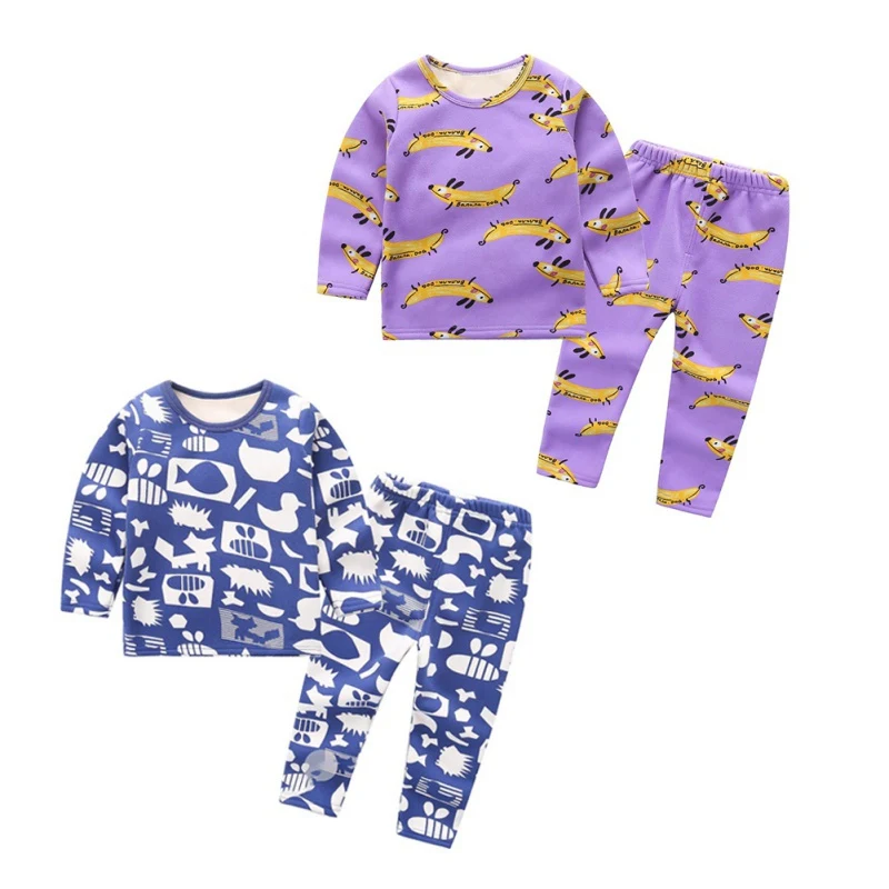 

Comfotable Autumn Winter Casual Children Printing Long Sleeve Plus Velvet Pajamas Kids Two-piece Outfit Set