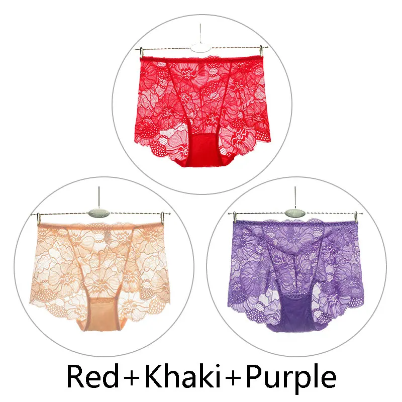 3 шт., L-XXL, большие, Siaze, трусики для женщин, высокая талия, бедра, лифтинг, живот, трусы, кружево, полые, Прозрачное нижнее белье, бесшовное белье - Цвет: Red Khaki Purple