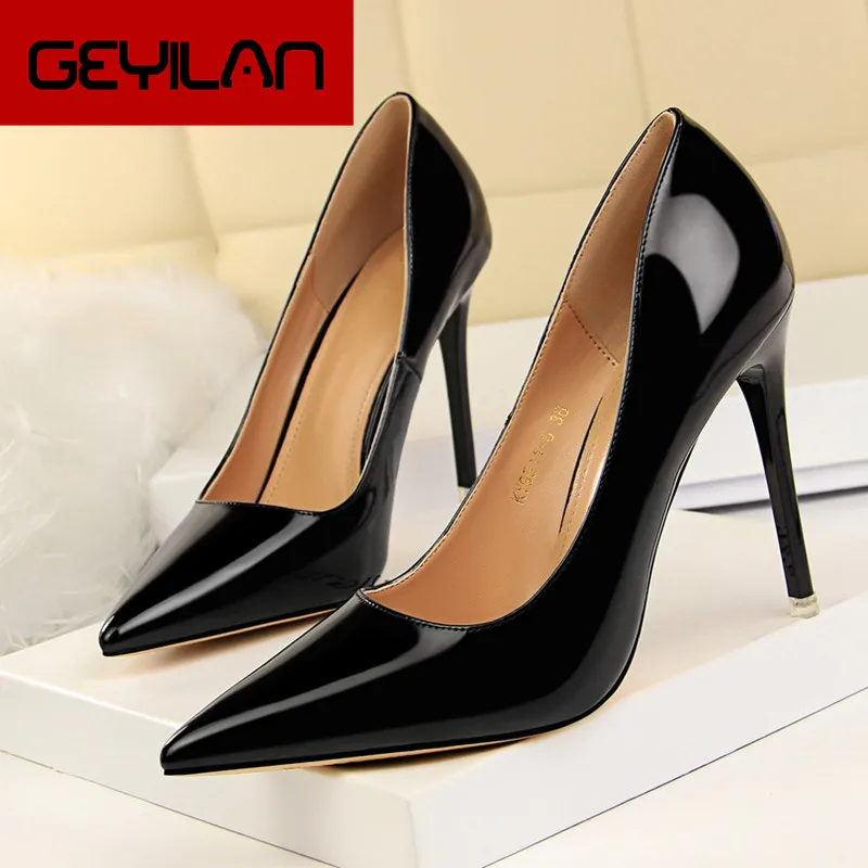 

2018 Woman 10CM High Heels Shoes Female Stiletto Bright Gold Sliver Nude Patent Leather Pointed Toe Heels Classic Pumps DS-B0152