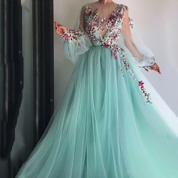 

LORIE Long Sleeves Evening Dress Party Gowns Robe De Soiree Formal Prom Dresses Plunging 3D Flowers Beading Top Evening Gowns