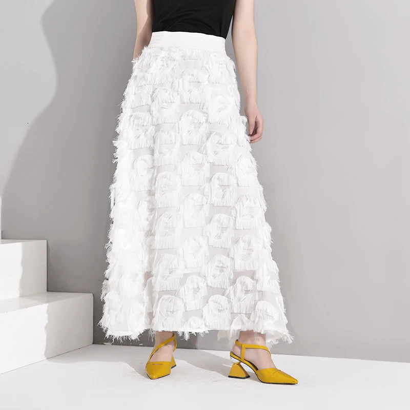 [EAM] высокая талия, кисточка, разрезная, перспективная, длинная, темпераментная, полуоблегающая юбка, женская мода, новинка, весна-осень, YC23701S - Цвет: White