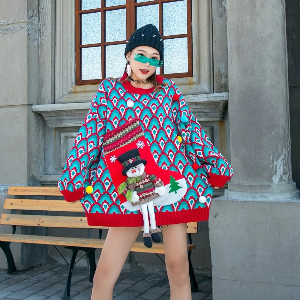 SexeMara, модный весенне-осенний свободный Рождественский вязаный свитер с круглым вырезом и разноцветными шариками