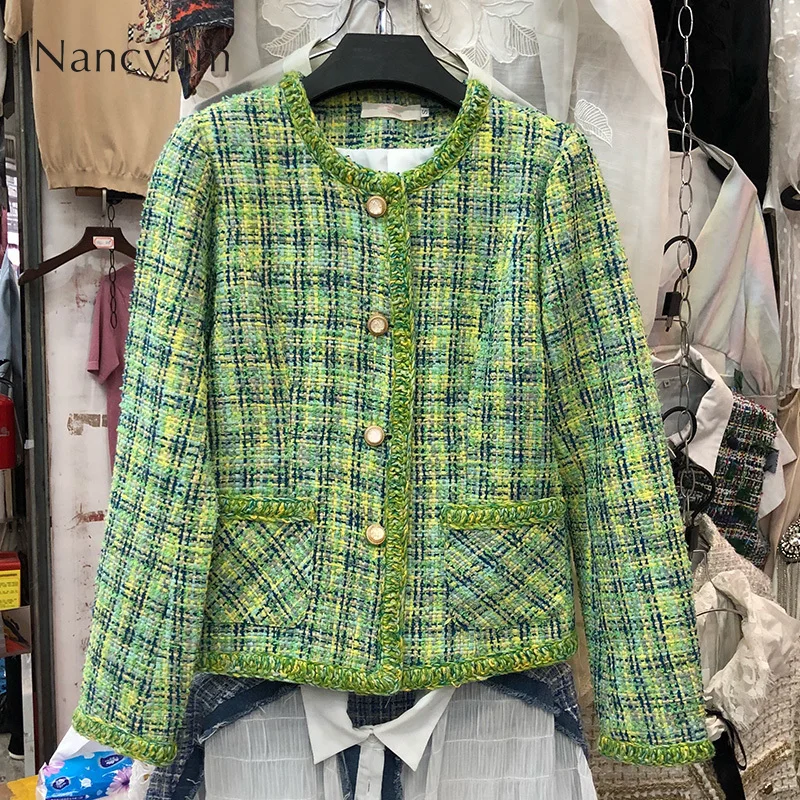 

2019 Autumn Korea Style Lady's Retro Green Tweed Jacket New Classic Single-row Button Small Small Fragrance Jacket Women's Coat