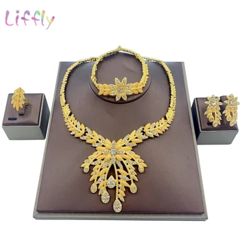 

African Bridal Flower Big Necklace Wedding Gift Jewelry Bracelet Earrings Elegant Women Ring Fashion Jewelry Sets