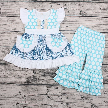

Baby girls blue polka dots flutter sleeve pocket design capris spring cute 2pcs outfits clothing sets kids clothes
