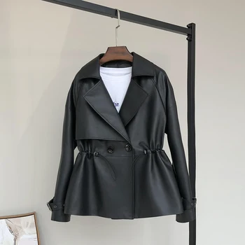 

Black Short Faux Leather Jacket Women Plus Size Double Breasted Drawstring Long Sleeve Fall 2020 Pu Leather Jackets