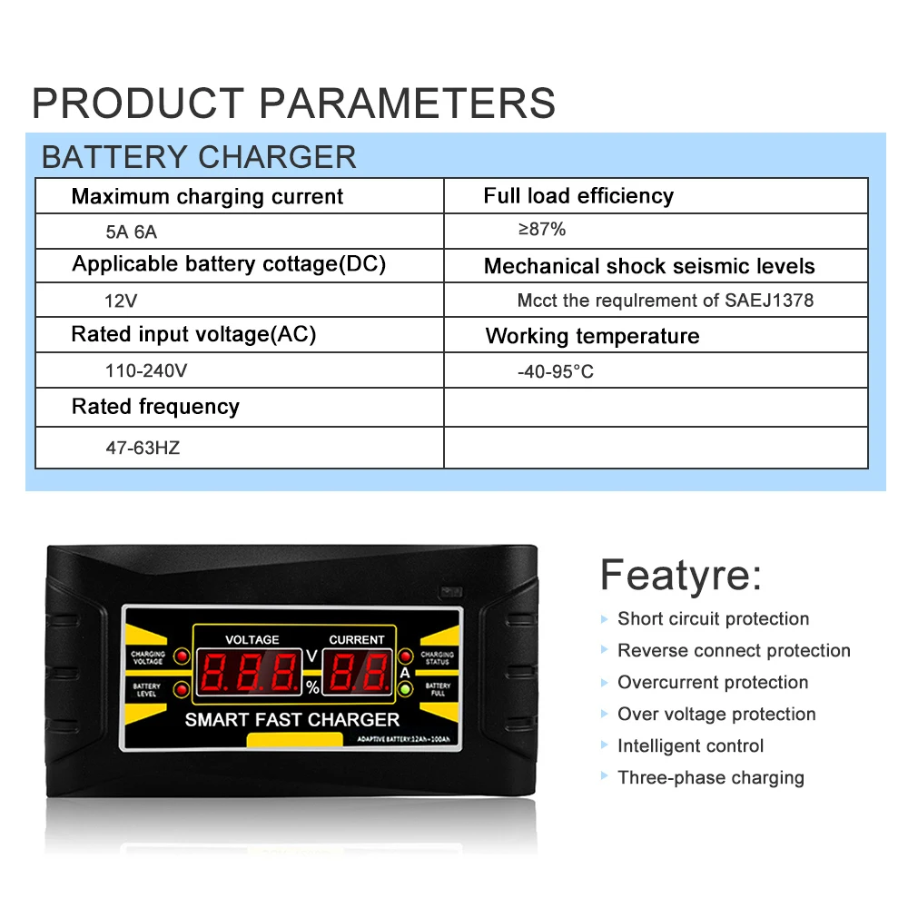 

Automatic Smart Fast Power Charging For Wet DryLead Acid Digital LCD Display Car Battery Charger 110V/220V To 12V 10A/6A EU PLUG