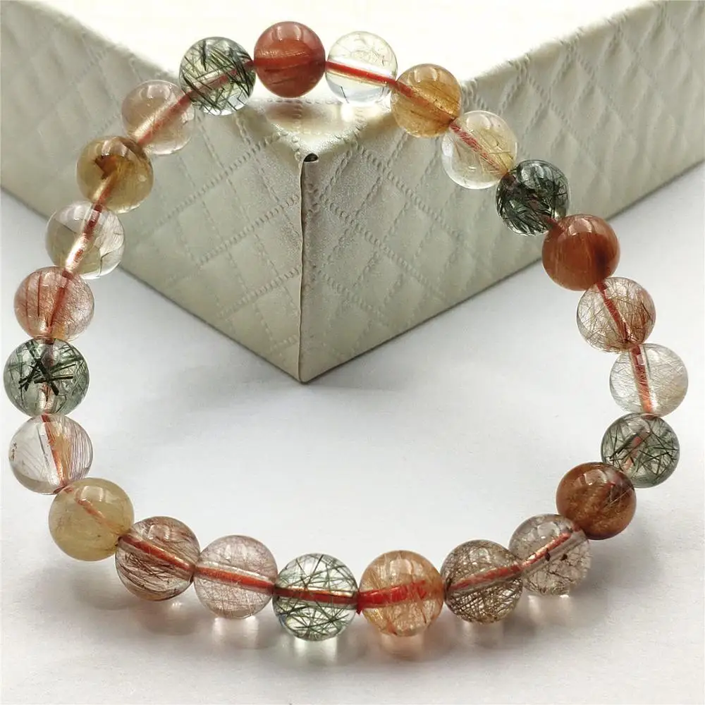 

Natural Colorful Rutilated Quartz Crystal Women Men Clear Round Beads Bracelet 7mm Love Gold Red Green Copper Jewelry AAAAA