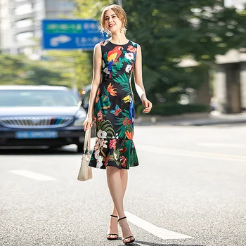

Runway High Quality Spring Summer 2020 New Women'S Fashion Party Casual Vintage Elegant Chic Girls Printed Vest Mermaid Dress