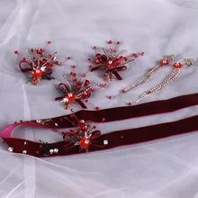 Новинка, свадебные красные серьги-клипсы, ожерелье, лента для волос, набор для волос, вечерняя свадебная одежда для волос, аксессуары