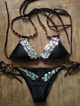 

Swim Bathing Suit Swimwear Bikini Swimsuit Bandage Biquini Thong Rhinestone Brazilian Sexy Sequin Women Piece High Waist