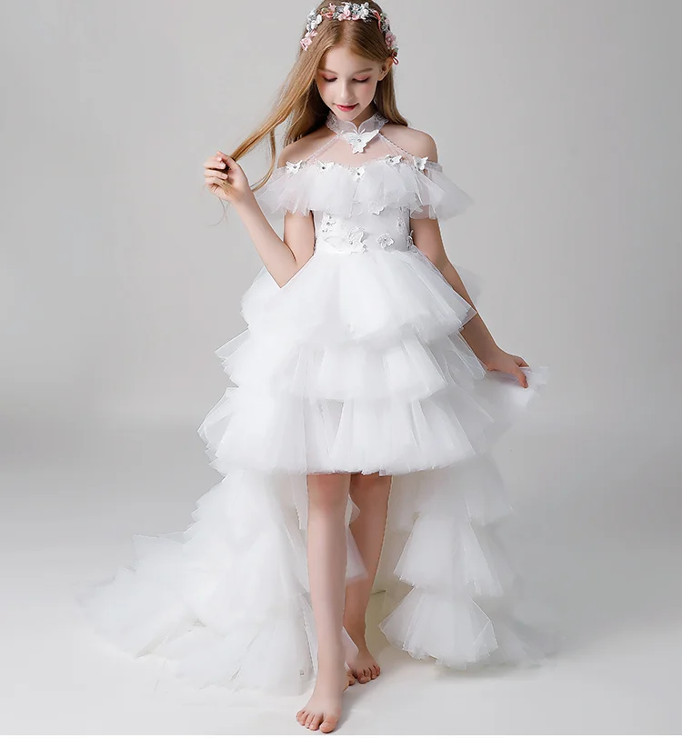 Wit Elegante Bloem Meisjes Jurken Buttefly Kant Applique Jurken Hoge Lage Witte Jurk Lange Trein Communicatie Jurken Custom Wit Elegante Bloem Meisjes Jurken Buttefly Kant Applique Jurken Hoge Lage Witte Jurk Lange Trein Communicatie Jurken Custom