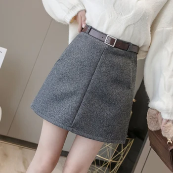 

Office Lady Winter Wool Skirts Women Belt Autumn Mini Pencil Skirts Pockets Zipper Skirts Korean High Waist Elegant Skirt V974