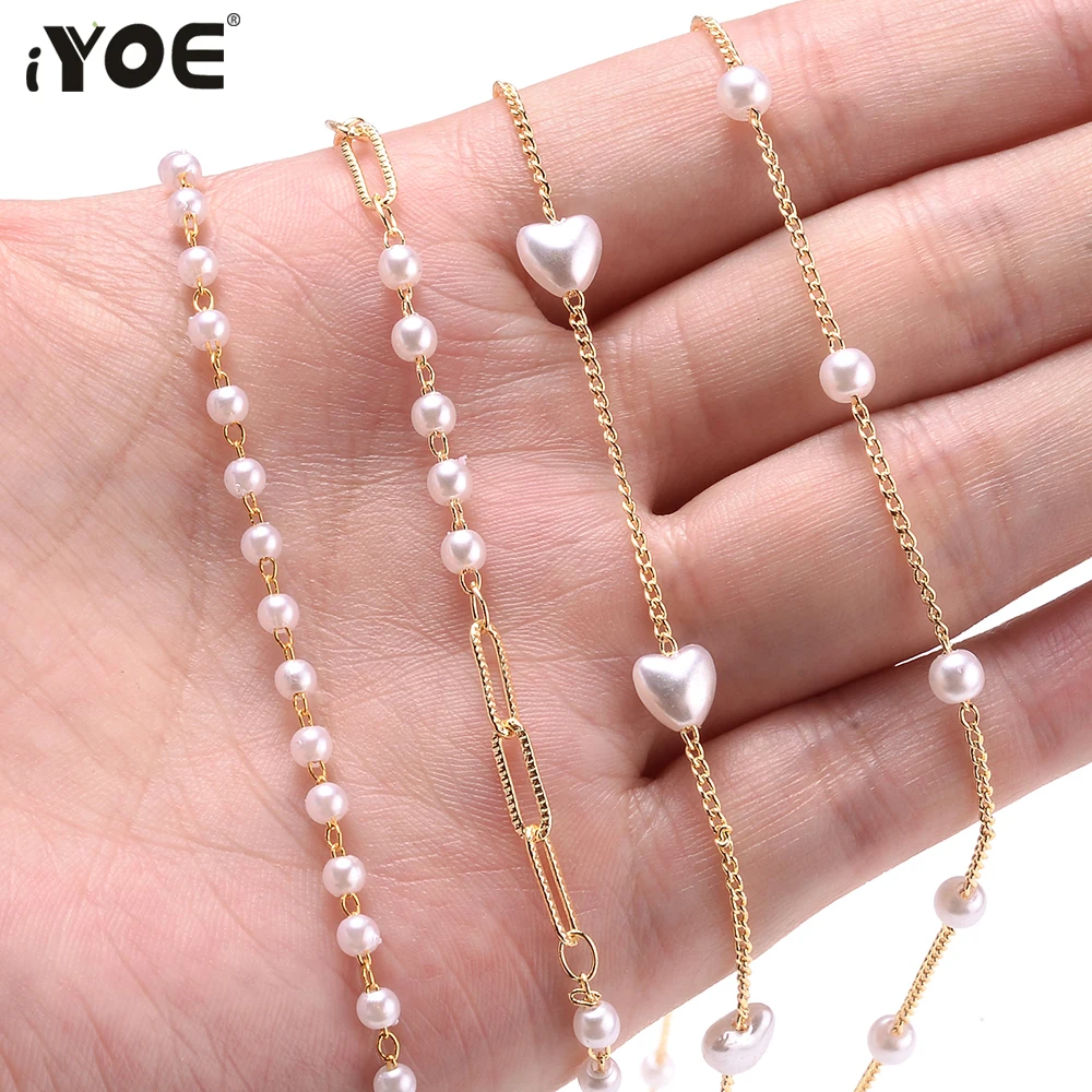 1M Golden Copper Chain with Colorful Crystal Heart Beads Imitation Pearl  Necklace Bracelet Chains for Jewelry Making Accessories - AliExpress