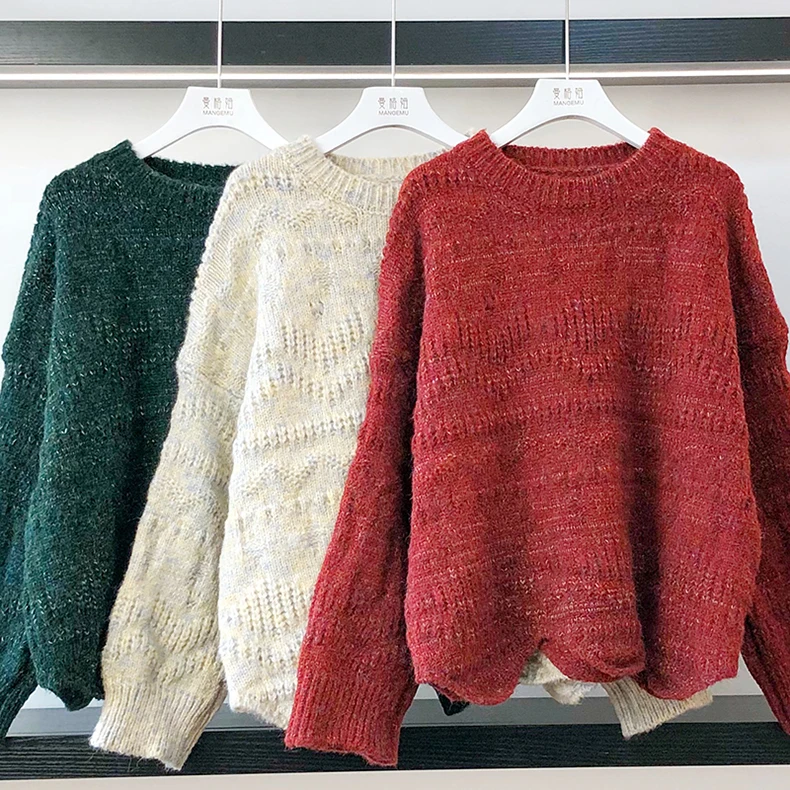 H. SA, Женский шикарный пуловер и свитера, волнистые бежевые свитера, свободный стиль, вязанные пуловеры, Красный Рождественский свитер для женщин