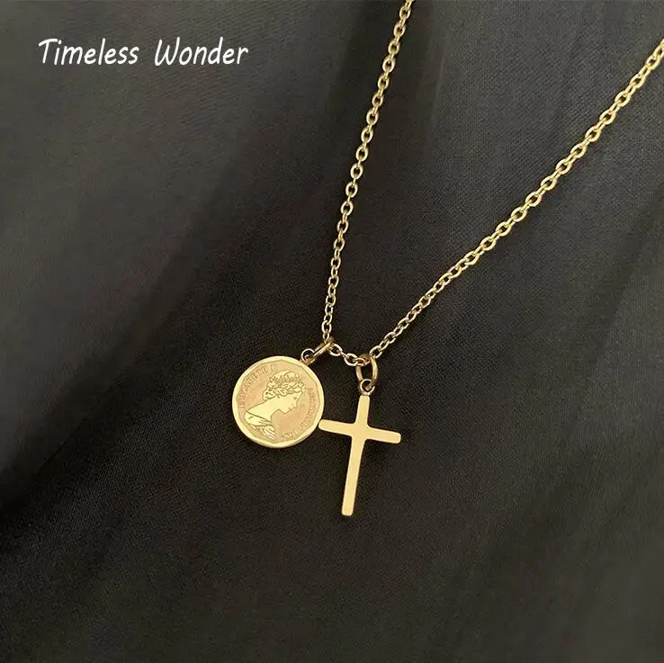 

Timeless Wonder Trendy Titanium Portrait Coin Cross Choker Necklace Punk Statement Chain Ins Stainless Steel Jewelry Trendy 5599