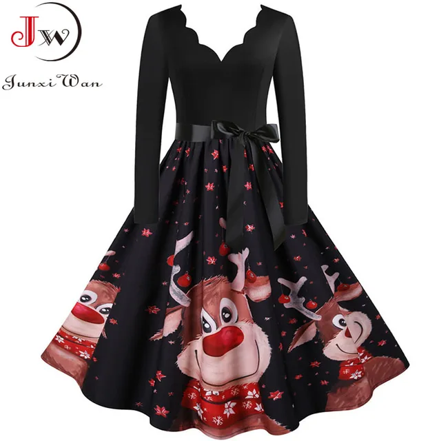 Plus Size Women Christmas Dress Long Sleeve Vintage Elegant V Neck Print Big Swing Party Xmas New Year Winter Clothes S~3XL Robe 4