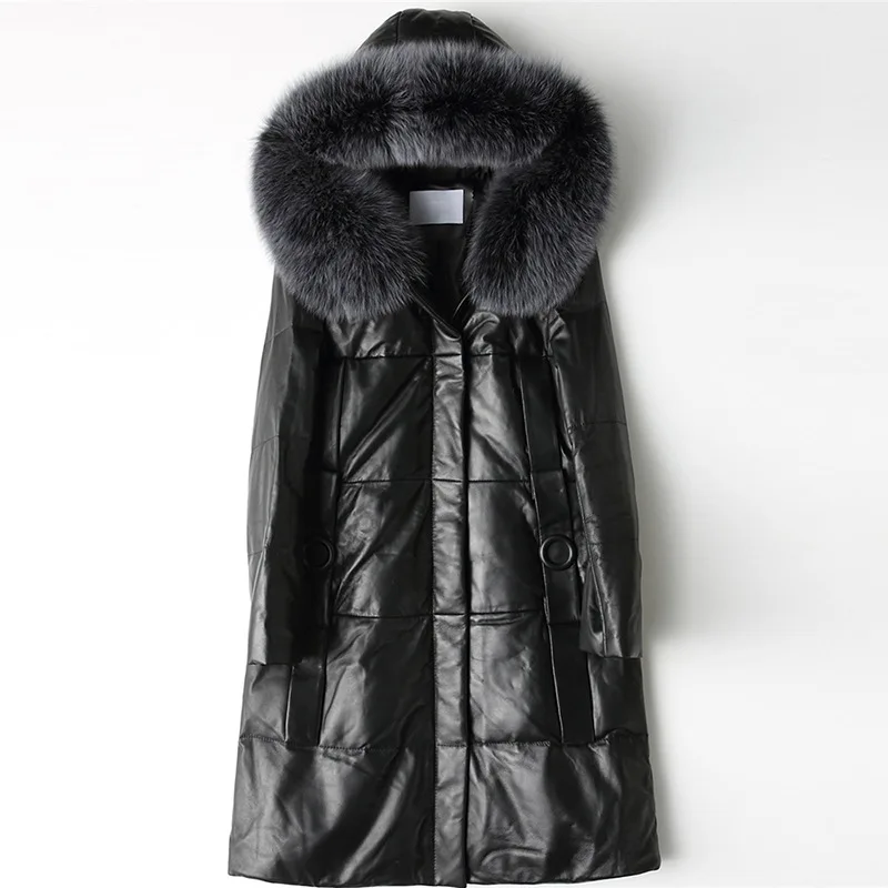 Зимнее теплое Черное модное кожаное пальто для женщин, хлопковое пальто из овчины с лисьим пухом размера плюс 3xl, длинное меховое пальто с капюшоном - Цвет: Черный